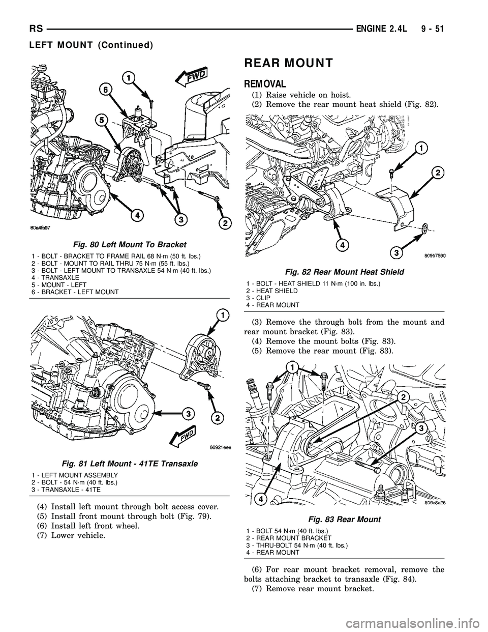 CHRYSLER CARAVAN 2005 Service Manual (4) Install left mount through bolt access cover.
(5) Install front mount through bolt (Fig. 79).
(6) Install left front wheel.
(7) Lower vehicle.
REAR MOUNT
REMOVAL
(1) Raise vehicle on hoist.
(2) Re CHRYSLER CARAVAN 2005 Service Manual (4) Install left mount through bolt access cover.
(5) Install front mount through bolt (Fig. 79).
(6) Install left front wheel.
(7) Lower vehicle.
REAR MOUNT
REMOVAL
(1) Raise vehicle on hoist.
(2) Re