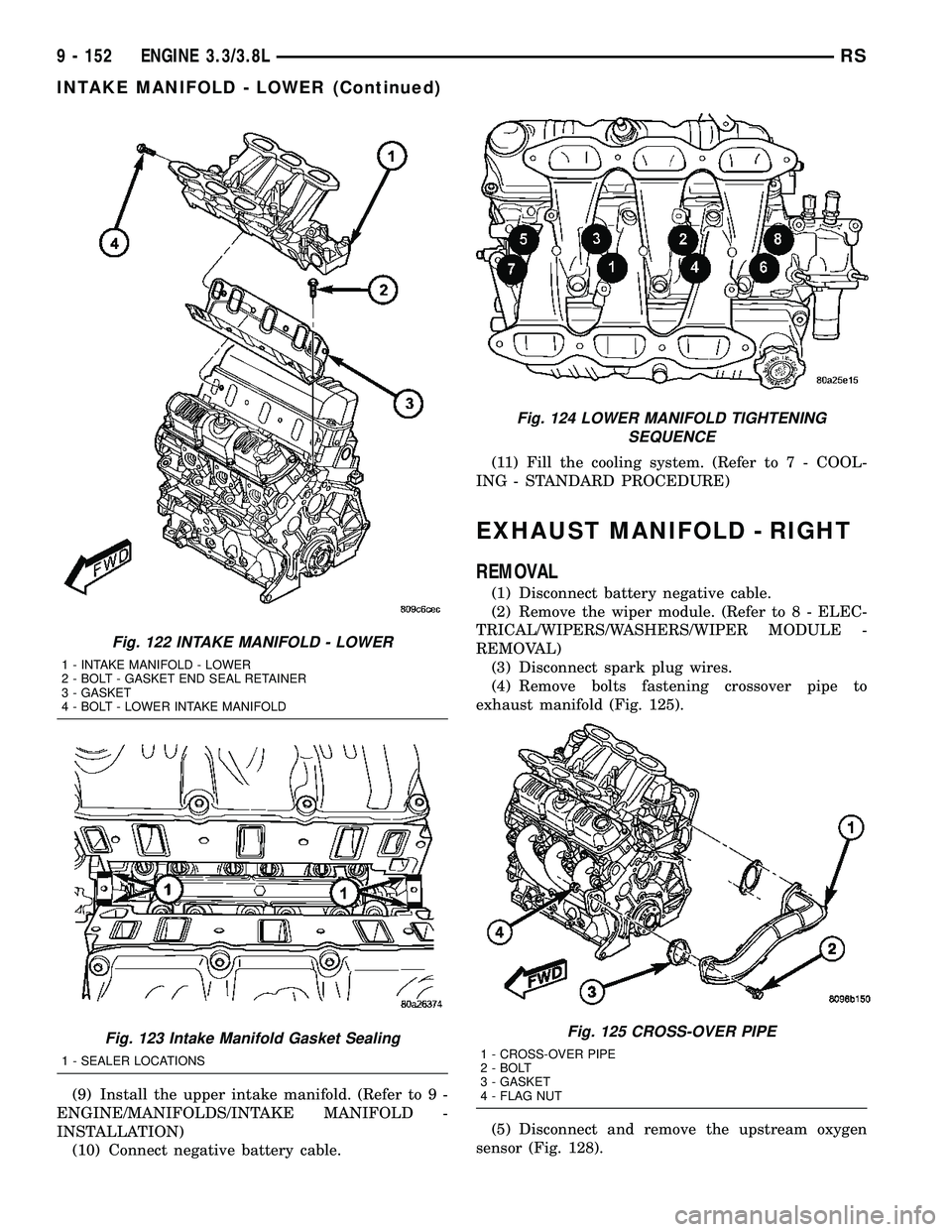 CHRYSLER CARAVAN 2005  Service Manual (9) Install the upper intake manifold. (Refer to 9 -
ENGINE/MANIFOLDS/INTAKE MANIFOLD -
INSTALLATION)
(10) Connect negative battery cable.(11) Fill the cooling system. (Refer to 7 - COOL-
ING - STANDA