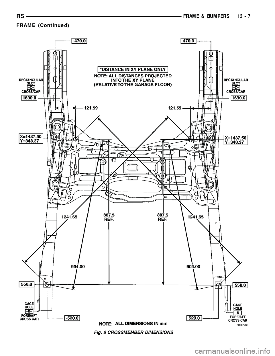 CHRYSLER CARAVAN 2005  Service Manual Fig. 8 CROSSMEMBER DIMENSIONS
RSFRAME & BUMPERS13-7
FRAME (Continued) 