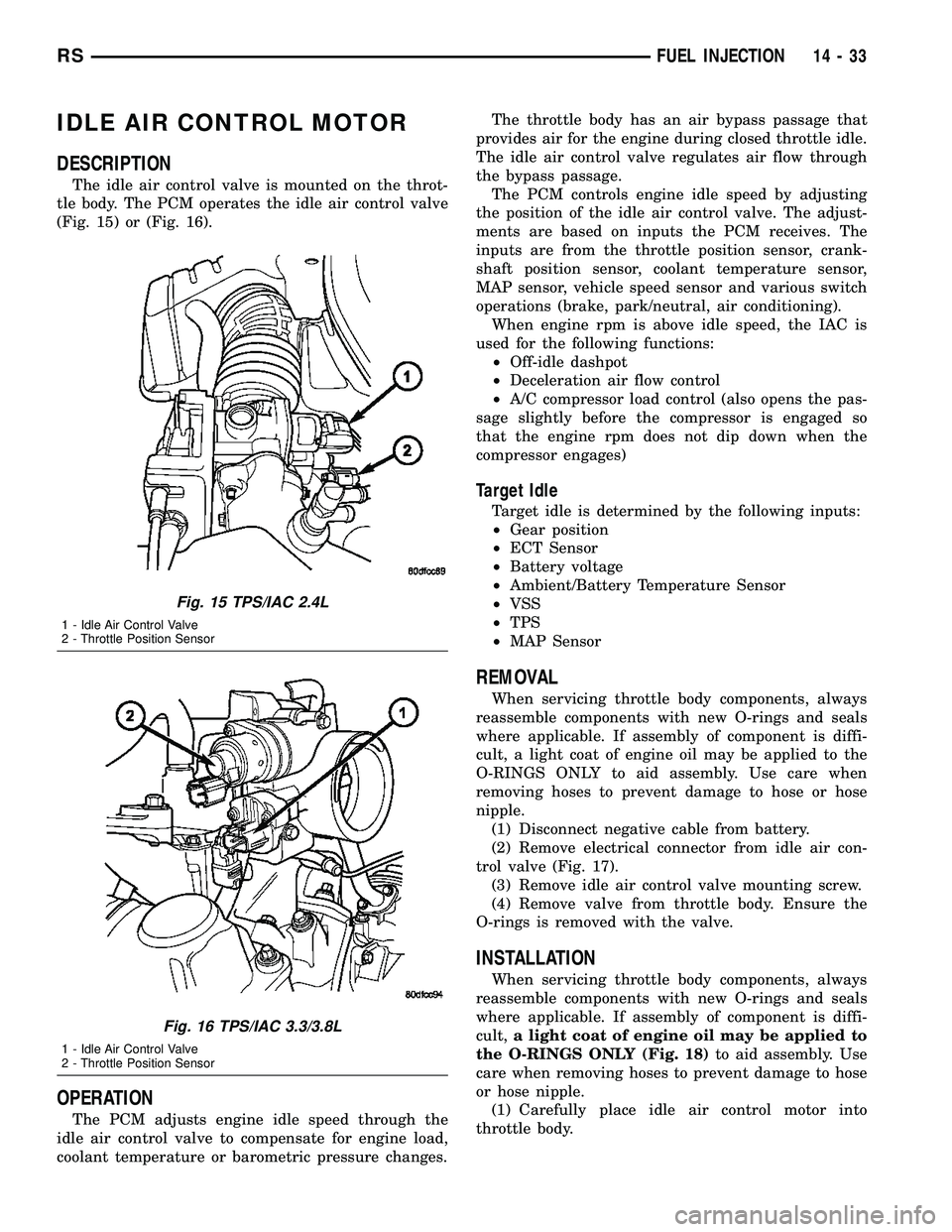 CHRYSLER CARAVAN 2005 Service Manual IDLE AIR CONTROL MOTOR
DESCRIPTION
The idle air control valve is mounted on the throt-
tle body. The PCM operates the idle air control valve
(Fig. 15) or (Fig. 16).
OPERATION
The PCM adjusts engine id CHRYSLER CARAVAN 2005 Service Manual IDLE AIR CONTROL MOTOR
DESCRIPTION
The idle air control valve is mounted on the throt-
tle body. The PCM operates the idle air control valve
(Fig. 15) or (Fig. 16).
OPERATION
The PCM adjusts engine id