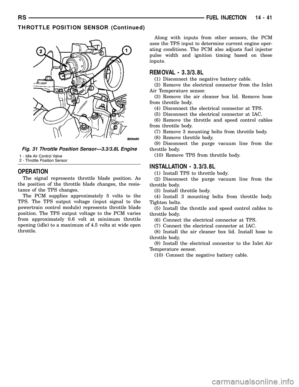 CHRYSLER CARAVAN 2005  Service Manual OPERATION
The signal represents throttle blade position. As
the position of the throttle blade changes, the resis-
tance of the TPS changes.
The PCM supplies approximately 5 volts to the
TPS. The TPS 
