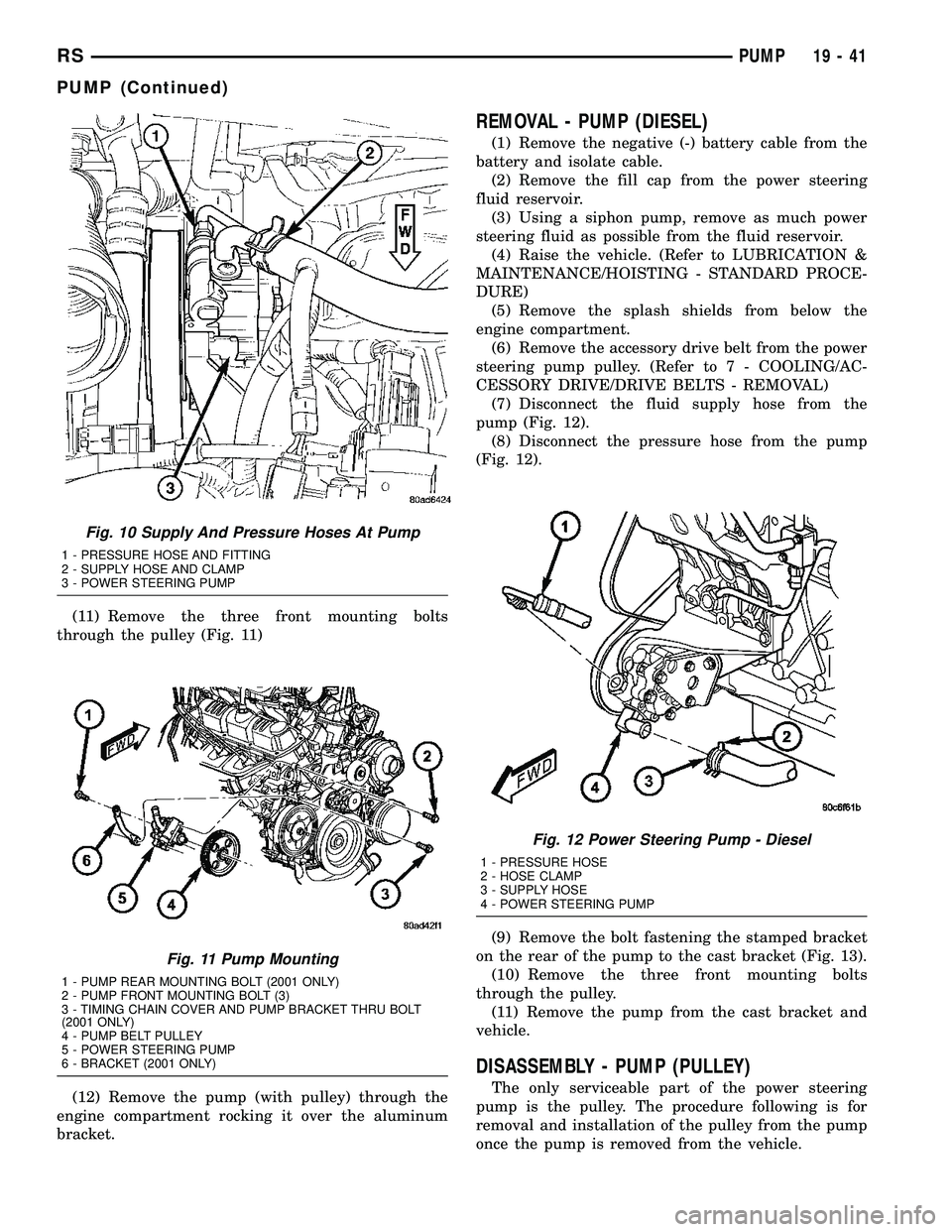 CHRYSLER CARAVAN 2005 Service Manual (11) Remove the three front mounting bolts
through the pulley (Fig. 11)
(12) Remove the pump (with pulley) through the
engine compartment rocking it over the aluminum
bracket.
REMOVAL - PUMP (DIESEL)
CHRYSLER CARAVAN 2005 Service Manual (11) Remove the three front mounting bolts
through the pulley (Fig. 11)
(12) Remove the pump (with pulley) through the
engine compartment rocking it over the aluminum
bracket.
REMOVAL - PUMP (DIESEL)