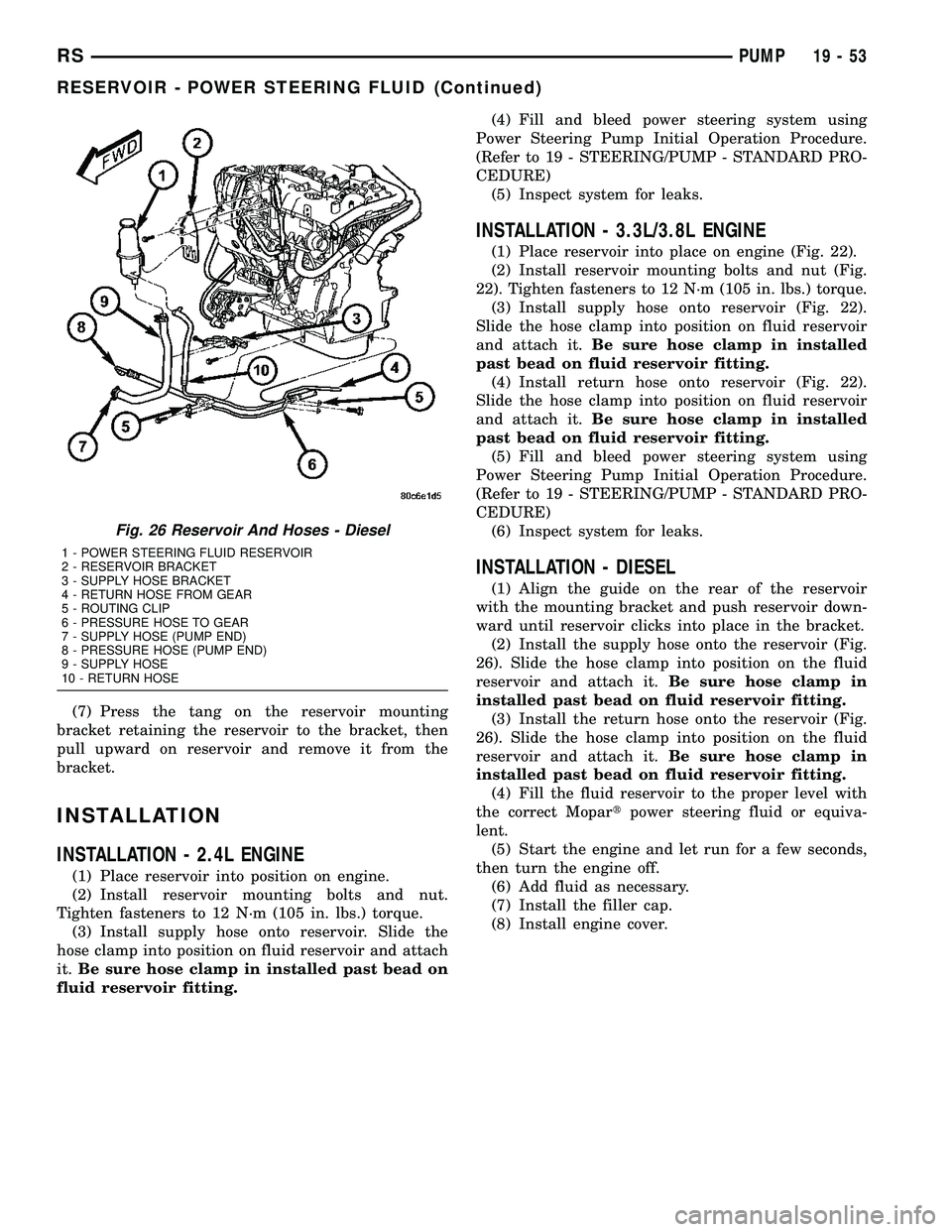CHRYSLER CARAVAN 2005 Service Manual (7) Press the tang on the reservoir mounting
bracket retaining the reservoir to the bracket, then
pull upward on reservoir and remove it from the
bracket.
INSTALLATION
INSTALLATION - 2.4L ENGINE
(1) P CHRYSLER CARAVAN 2005 Service Manual (7) Press the tang on the reservoir mounting
bracket retaining the reservoir to the bracket, then
pull upward on reservoir and remove it from the
bracket.
INSTALLATION
INSTALLATION - 2.4L ENGINE
(1) P
