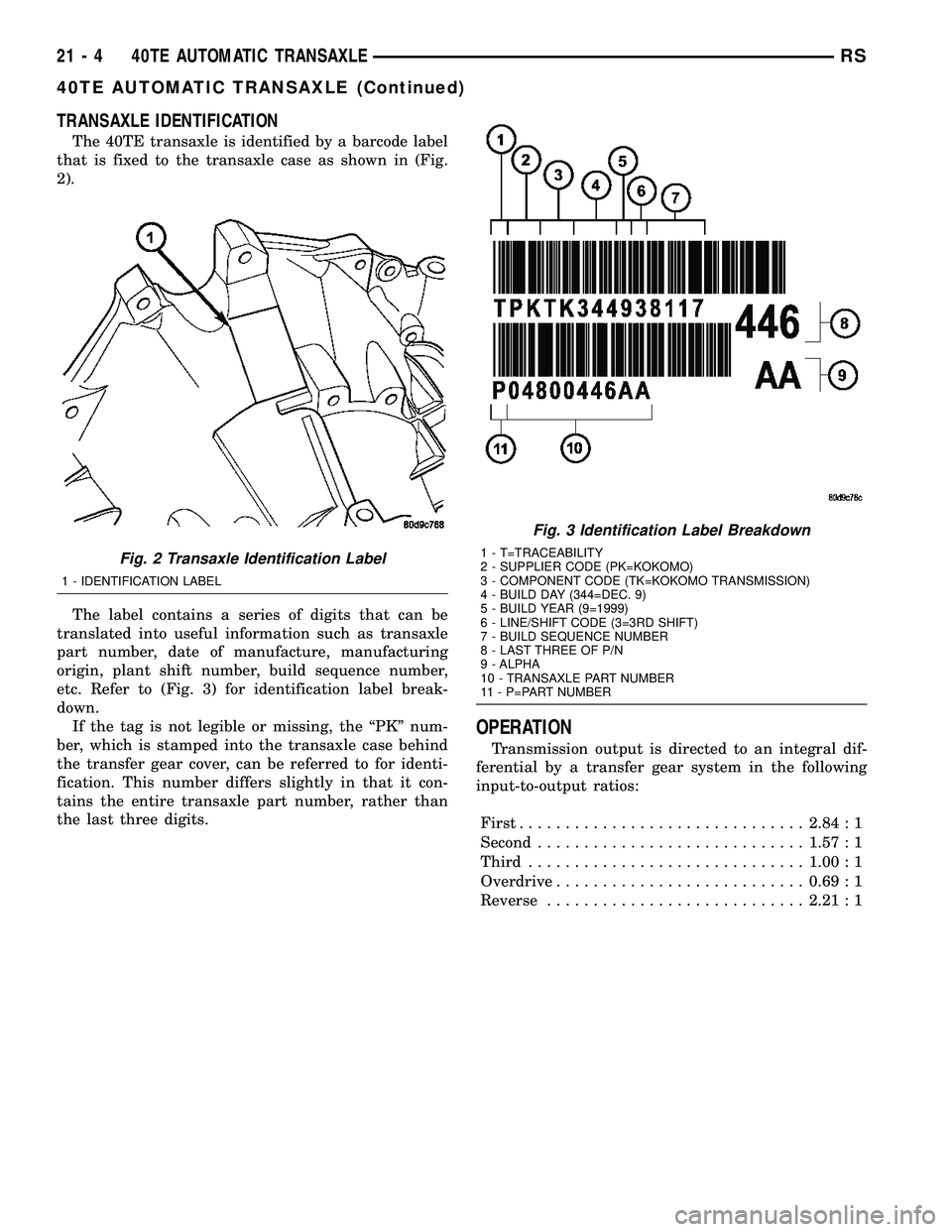 CHRYSLER CARAVAN 2005 Service Manual TRANSAXLE IDENTIFICATION
The 40TE transaxle is identified by a barcode label
that is fixed to the transaxle case as shown in (Fig.
2).
The label contains a series of digits that can be
translated into CHRYSLER CARAVAN 2005 Service Manual TRANSAXLE IDENTIFICATION
The 40TE transaxle is identified by a barcode label
that is fixed to the transaxle case as shown in (Fig.
2).
The label contains a series of digits that can be
translated into
