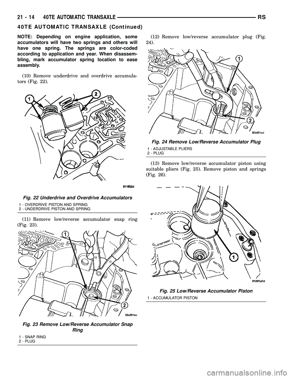 CHRYSLER CARAVAN 2005  Service Manual NOTE: Depending on engine application, some
accumulators will have two springs and others will
have one spring. The springs are color-coded
according to application and year. When disassem-
bling, mar