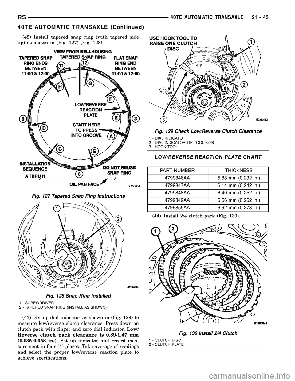 CHRYSLER CARAVAN 2005  Service Manual (42) Install tapered snap ring (with tapered side
up) as shown in (Fig. 127) (Fig. 128).
(43) Set up dial indicator as shown in (Fig. 129) to
measure low/reverse clutch clearance. Press down on
clutch