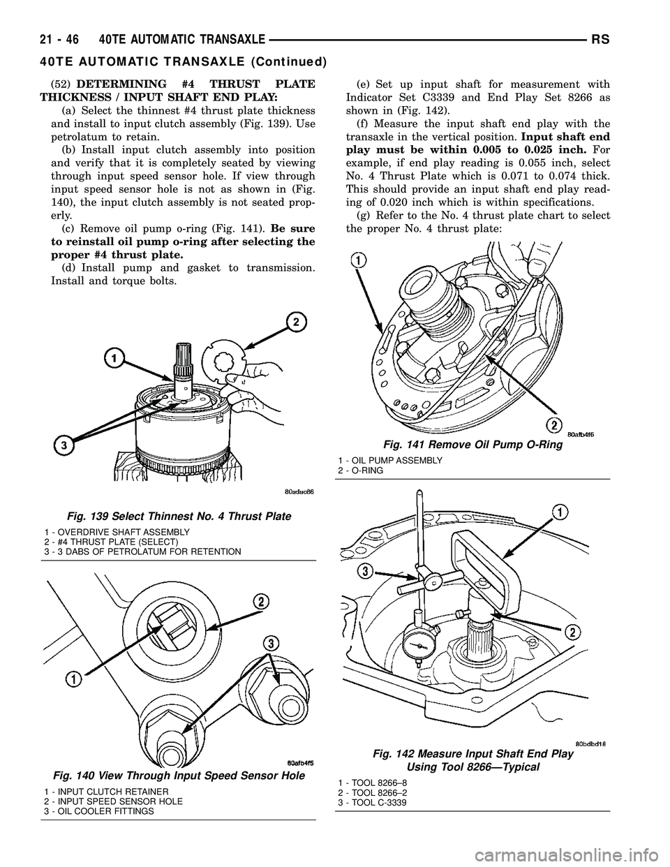 CHRYSLER CARAVAN 2005  Service Manual (52)DETERMINING #4 THRUST PLATE
THICKNESS / INPUT SHAFT END PLAY:
(a) Select the thinnest #4 thrust plate thickness
and install to input clutch assembly (Fig. 139). Use
petrolatum to retain.
(b) Insta