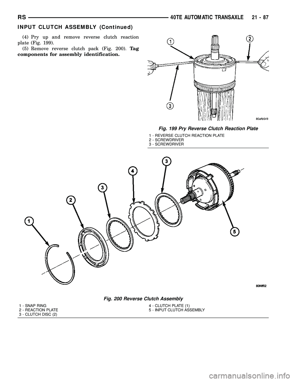 CHRYSLER CARAVAN 2005  Service Manual (4) Pry up and remove reverse clutch reaction
plate (Fig. 199).
(5) Remove reverse clutch pack (Fig. 200).Ta g
components for assembly identification.
Fig. 199 Pry Reverse Clutch Reaction Plate
1 - RE