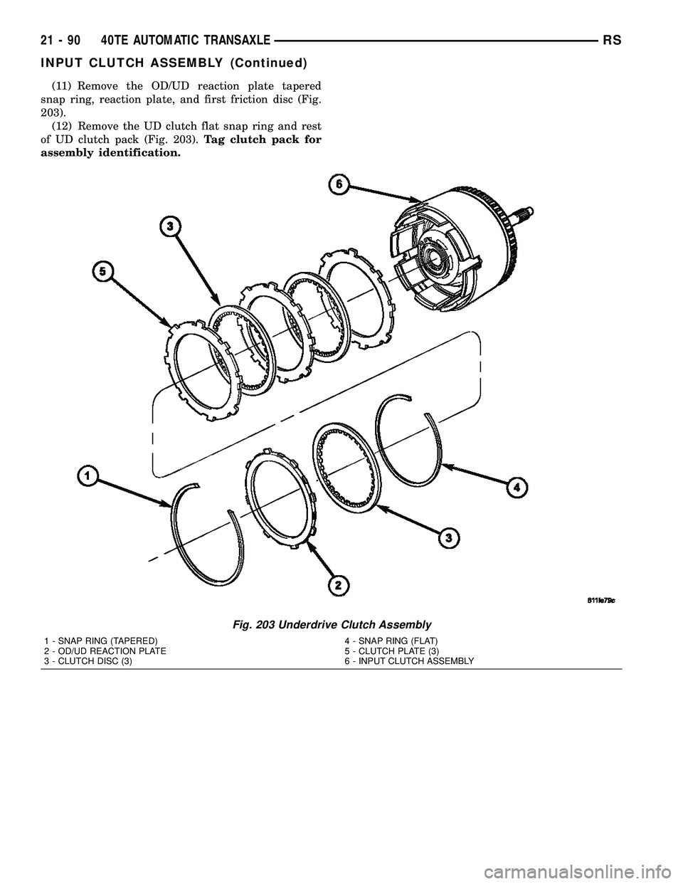 CHRYSLER CARAVAN 2005  Service Manual (11) Remove the OD/UD reaction plate tapered
snap ring, reaction plate, and first friction disc (Fig.
203).
(12) Remove the UD clutch flat snap ring and rest
of UD clutch pack (Fig. 203).Tag clutch pa