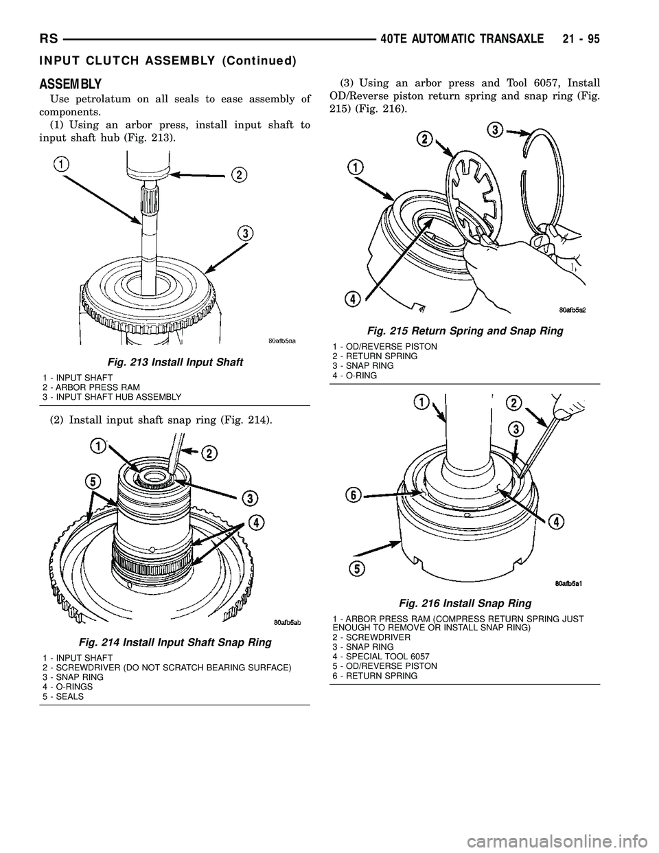 CHRYSLER CARAVAN 2005  Service Manual ASSEMBLY
Use petrolatum on all seals to ease assembly of
components.
(1) Using an arbor press, install input shaft to
input shaft hub (Fig. 213).
(2) Install input shaft snap ring (Fig. 214).(3) Using