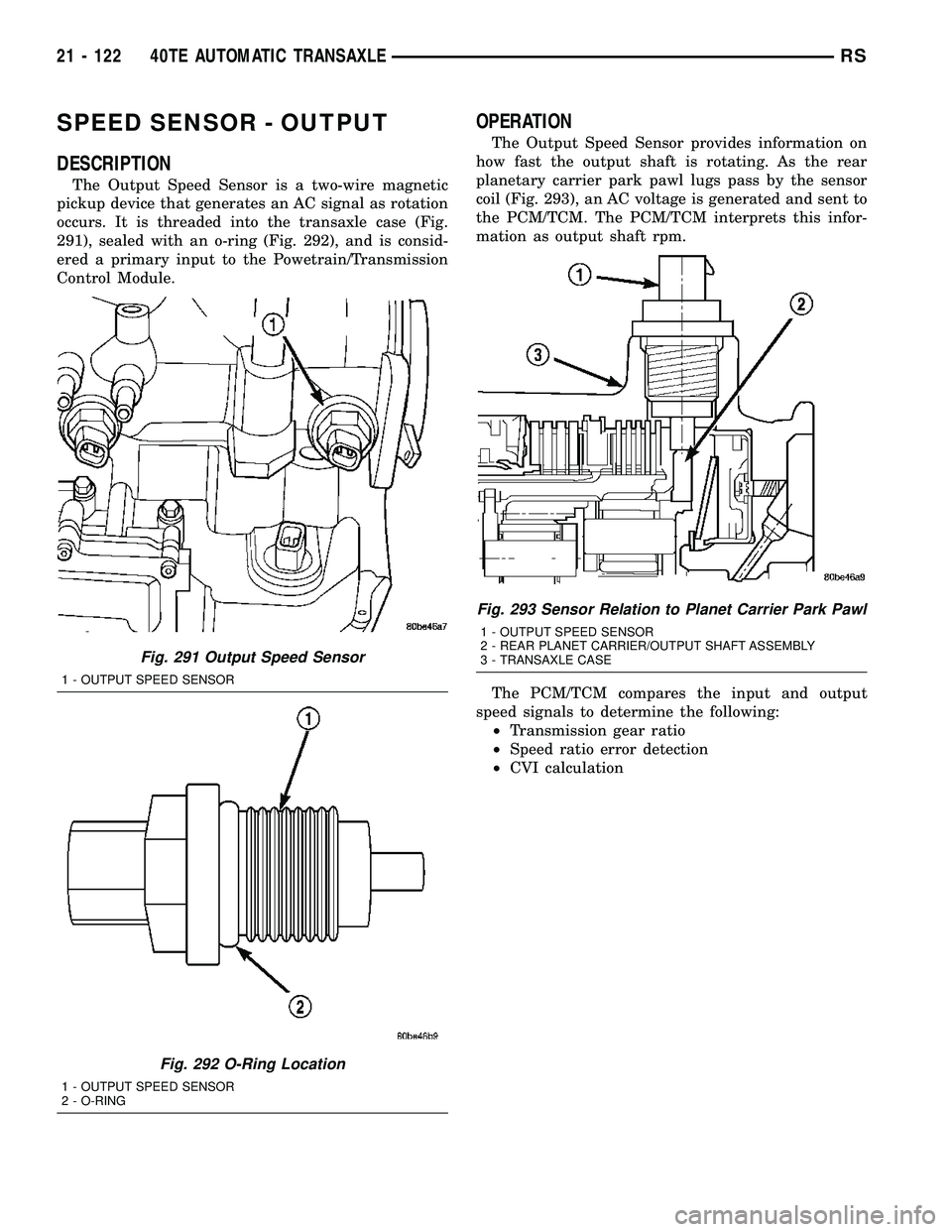 CHRYSLER CARAVAN 2005  Service Manual SPEED SENSOR - OUTPUT
DESCRIPTION
The Output Speed Sensor is a two-wire magnetic
pickup device that generates an AC signal as rotation
occurs. It is threaded into the transaxle case (Fig.
291), sealed