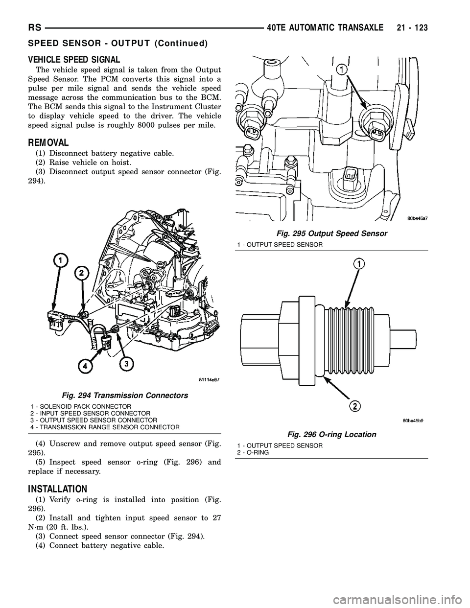 CHRYSLER CARAVAN 2005  Service Manual VEHICLE SPEED SIGNAL
The vehicle speed signal is taken from the Output
Speed Sensor. The PCM converts this signal into a
pulse per mile signal and sends the vehicle speed
message across the communicat