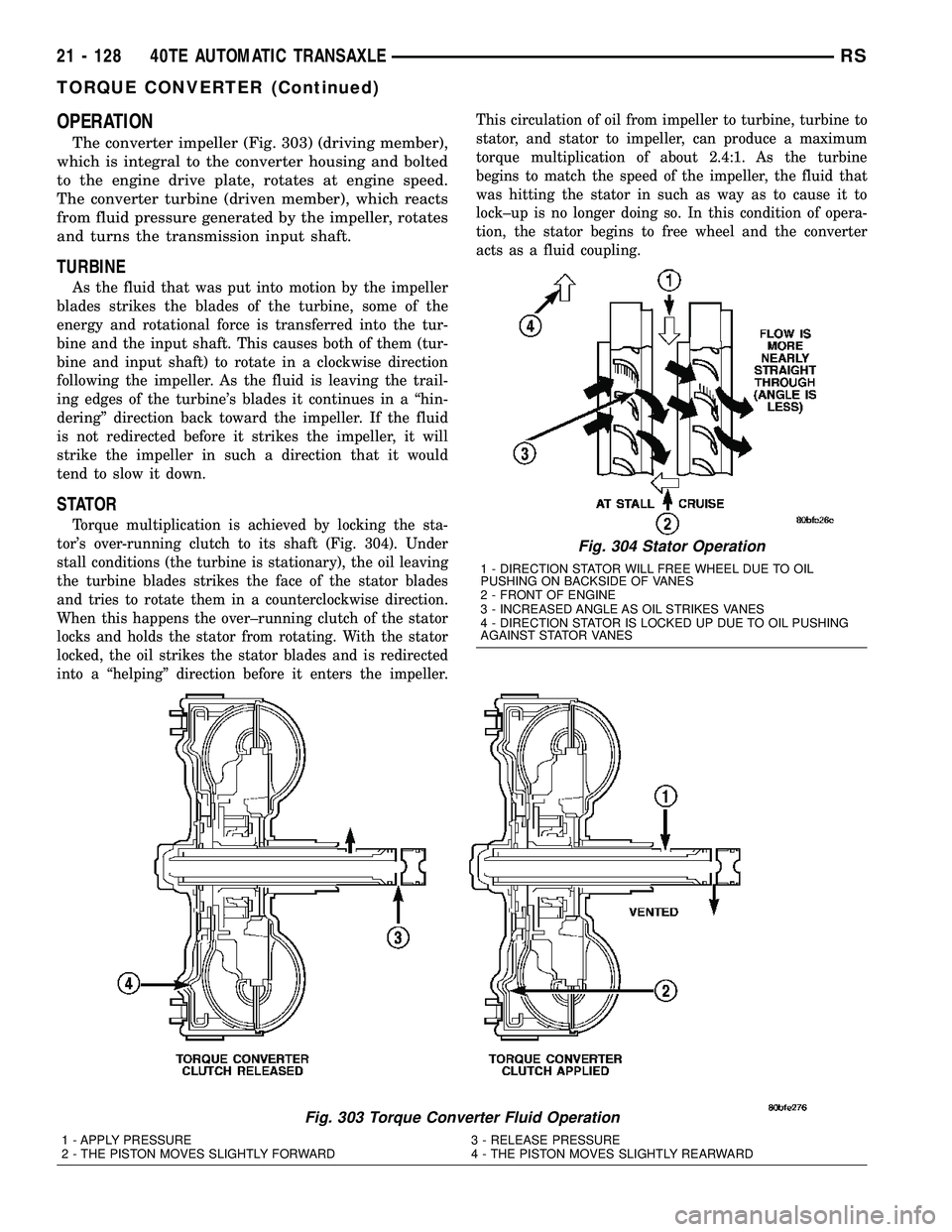 CHRYSLER CARAVAN 2005 Service Manual OPERATION
The converter impeller (Fig. 303) (driving member),
which is integral to the converter housing and bolted
to the engine drive plate, rotates at engine speed.
The converter turbine (driven me CHRYSLER CARAVAN 2005 Service Manual OPERATION
The converter impeller (Fig. 303) (driving member),
which is integral to the converter housing and bolted
to the engine drive plate, rotates at engine speed.
The converter turbine (driven me