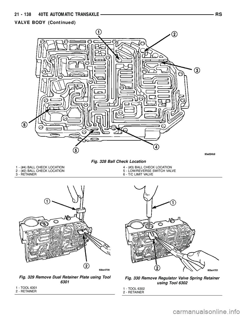 CHRYSLER CARAVAN 2005  Service Manual Fig. 328 Ball Check Location
1 - (#4) BALL CHECK LOCATION
2 - (#2) BALL CHECK LOCATION
3 - RETAINER4 - (#3) BALL CHECK LOCATION
5 - LOW/REVERSE SWITCH VALVE
6 - T/C LIMIT VALVE
Fig. 329 Remove Dual Re
