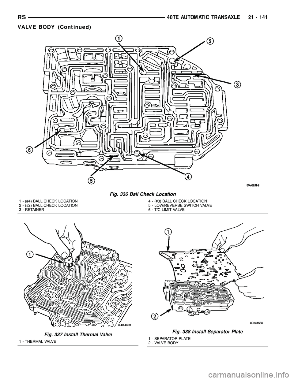 CHRYSLER CARAVAN 2005  Service Manual Fig. 336 Ball Check Location
1 - (#4) BALL CHECK LOCATION
2 - (#2) BALL CHECK LOCATION
3 - RETAINER4 - (#3) BALL CHECK LOCATION
5 - LOW/REVERSE SWITCH VALVE
6 - T/C LIMIT VALVE
Fig. 337 Install Therma