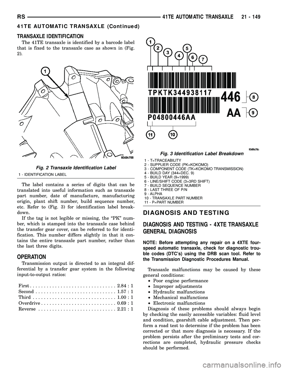 CHRYSLER CARAVAN 2005 Service Manual TRANSAXLE IDENTIFICATION
The 41TE transaxle is identified by a barcode label
that is fixed to the transaxle case as shown in (Fig.
2).
The label contains a series of digits that can be
translated into CHRYSLER CARAVAN 2005 Service Manual TRANSAXLE IDENTIFICATION
The 41TE transaxle is identified by a barcode label
that is fixed to the transaxle case as shown in (Fig.
2).
The label contains a series of digits that can be
translated into