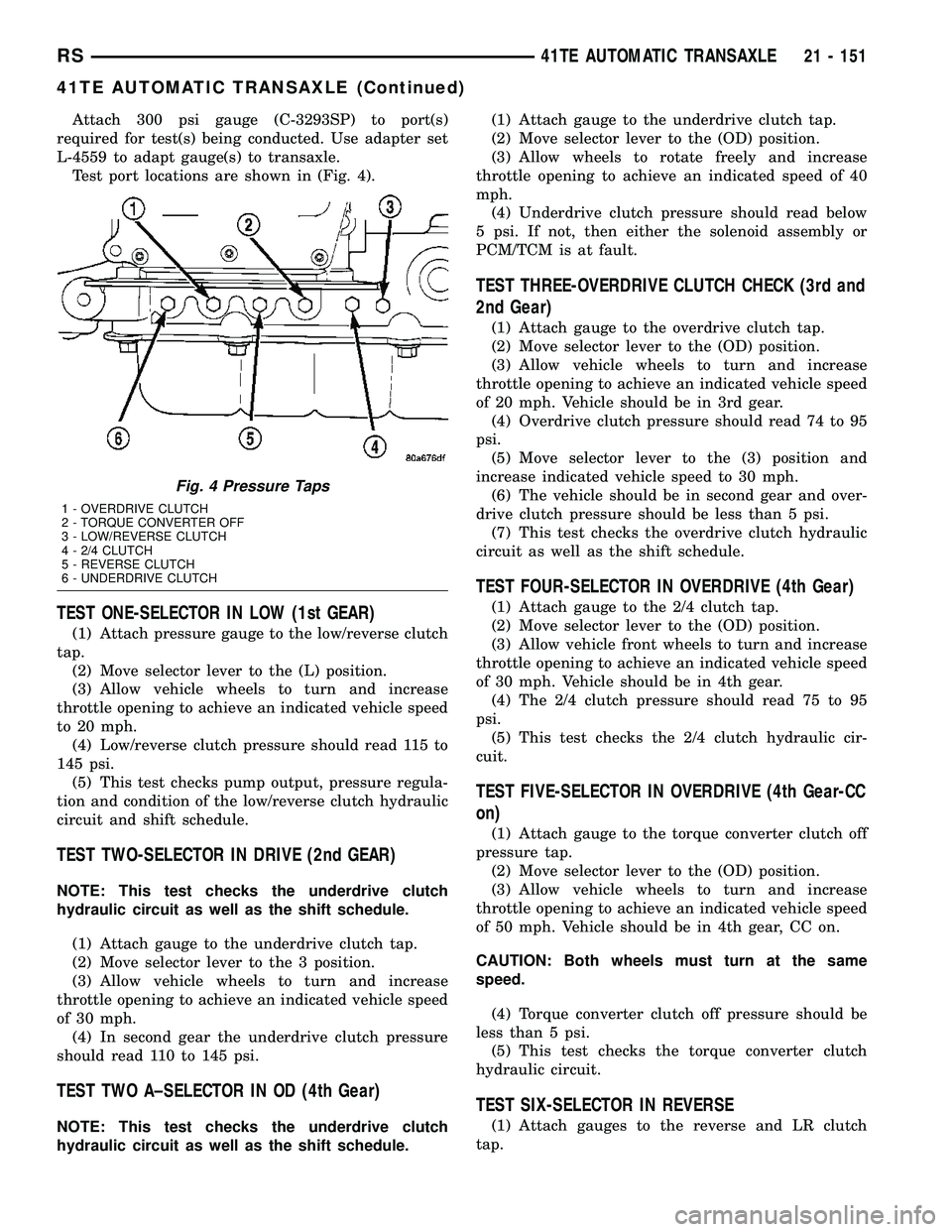CHRYSLER CARAVAN 2005 Service Manual Attach 300 psi gauge (C-3293SP) to port(s)
required for test(s) being conducted. Use adapter set
L-4559 to adapt gauge(s) to transaxle.
Test port locations are shown in (Fig. 4).
TEST ONE-SELECTOR IN CHRYSLER CARAVAN 2005 Service Manual Attach 300 psi gauge (C-3293SP) to port(s)
required for test(s) being conducted. Use adapter set
L-4559 to adapt gauge(s) to transaxle.
Test port locations are shown in (Fig. 4).
TEST ONE-SELECTOR IN
