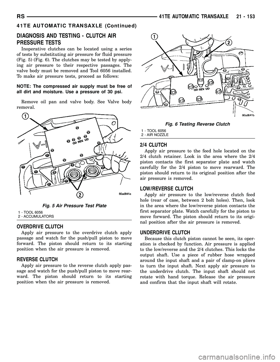 CHRYSLER CARAVAN 2005  Service Manual DIAGNOSIS AND TESTING - CLUTCH AIR
PRESSURE TESTS
Inoperative clutches can be located using a series
of tests by substituting air pressure for fluid pressure
(Fig. 5) (Fig. 6). The clutches may be tes