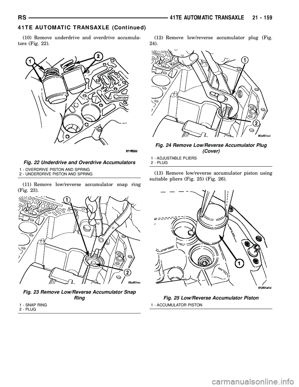 CHRYSLER CARAVAN 2005  Service Manual (10) Remove underdrive and overdrive accumula-
tors (Fig. 22).
(11) Remove low/reverse accumulator snap ring
(Fig. 23).(12) Remove low/reverse accumulator plug (Fig.
24).
(13) Remove low/reverse accum