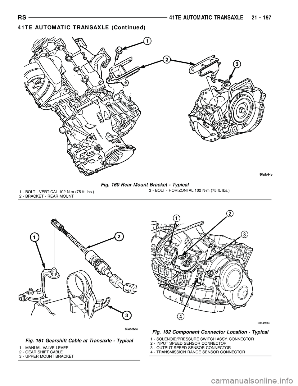 CHRYSLER CARAVAN 2005  Service Manual Fig. 160 Rear Mount Bracket - Typical
1 - BOLT - VERTICAL 102 N´m (75 ft. lbs.)
2 - BRACKET - REAR MOUNT3 - BOLT - HORIZONTAL 102 N´m (75 ft. lbs.)
Fig. 161 Gearshift Cable at Transaxle - Typical
1 