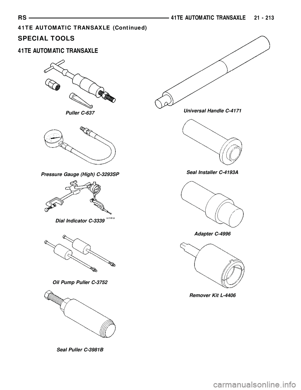 CHRYSLER CARAVAN 2005  Service Manual SPECIAL TOOLS
41TE AUTOMATIC TRANSAXLE
Puller C-637
Pressure Gauge (High) C-3293SP
Dial Indicator C-3339
Oil Pump Puller C-3752
Seal Puller C-3981B
Universal Handle C-4171
Seal Installer C-4193A
Adapt