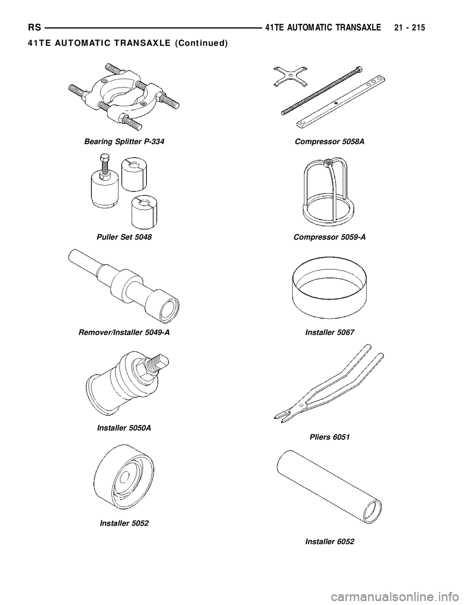 CHRYSLER CARAVAN 2005  Service Manual Bearing Splitter P-334
Puller Set 5048
Remover/Installer 5049-A
Installer 5050A
Installer 5052
Compressor 5058A
Compressor 5059-A
Installer 5067
Pliers 6051
Installer 6052
RS41TE AUTOMATIC TRANSAXLE21