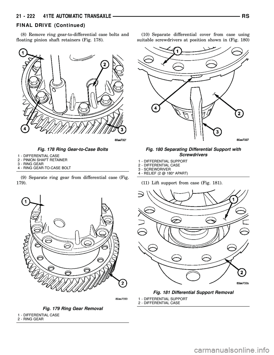 CHRYSLER CARAVAN 2005  Service Manual (8) Remove ring gear-to-differential case bolts and
floating pinion shaft retainers (Fig. 178).
(9) Separate ring gear from differential case (Fig.
179).(10) Separate differential cover from case usin