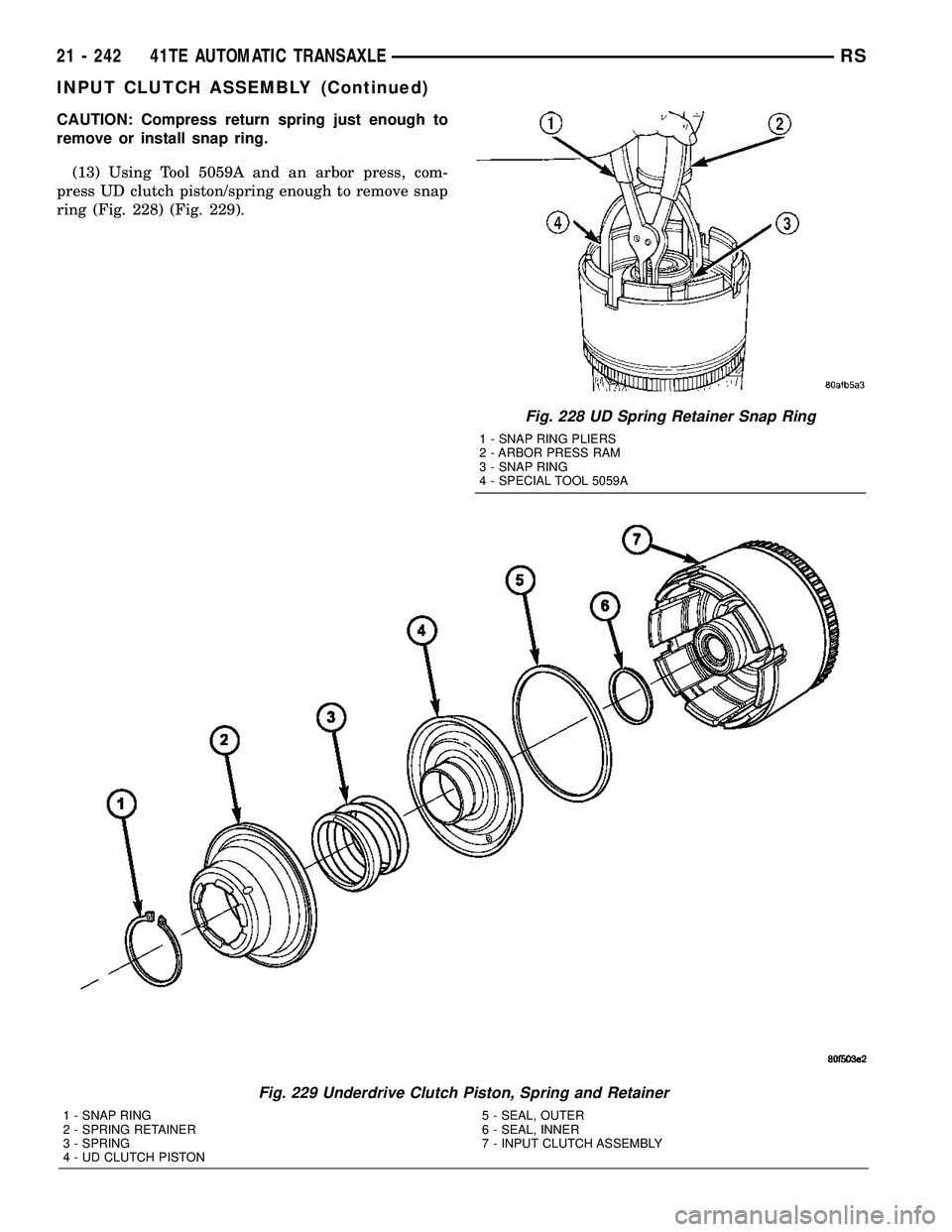 CHRYSLER CARAVAN 2005  Service Manual CAUTION: Compress return spring just enough to
remove or install snap ring.
(13) Using Tool 5059A and an arbor press, com-
press UD clutch piston/spring enough to remove snap
ring (Fig. 228) (Fig. 229