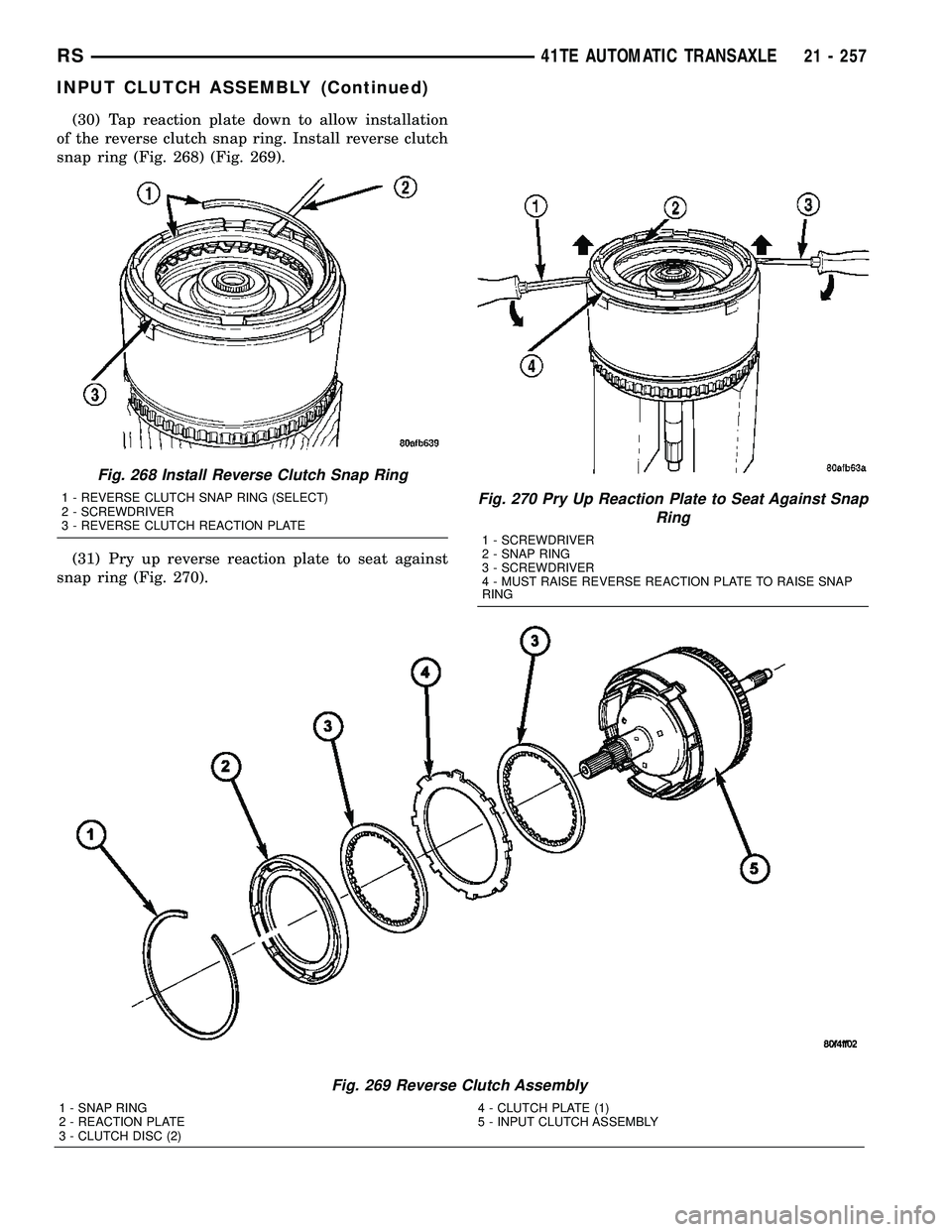 CHRYSLER CARAVAN 2005  Service Manual (30) Tap reaction plate down to allow installation
of the reverse clutch snap ring. Install reverse clutch
snap ring (Fig. 268) (Fig. 269).
(31) Pry up reverse reaction plate to seat against
snap ring