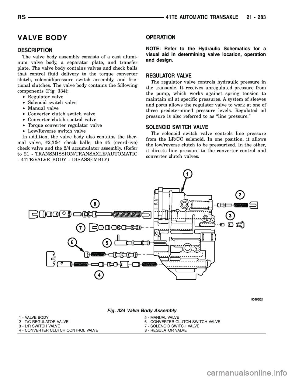 CHRYSLER CARAVAN 2005 Service Manual VALVE BODY
DESCRIPTION
The valve body assembly consists of a cast alumi-
num valve body, a separator plate, and transfer
plate. The valve body contains valves and check balls
that control fluid delive CHRYSLER CARAVAN 2005 Service Manual VALVE BODY
DESCRIPTION
The valve body assembly consists of a cast alumi-
num valve body, a separator plate, and transfer
plate. The valve body contains valves and check balls
that control fluid delive