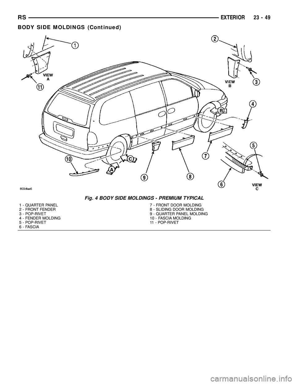 CHRYSLER CARAVAN 2005  Service Manual Fig. 4 BODY SIDE MOLDINGS - PREMIUM TYPICAL
1 - QUARTER PANEL
2 - FRONT FENDER
3 - POP-RIVET
4 - FENDER MOLDING
5 - POP-RIVET
6 - FASCIA7 - FRONT DOOR MOLDING
8 - SLIDING DOOR MOLDING
9 - QUARTER PANE