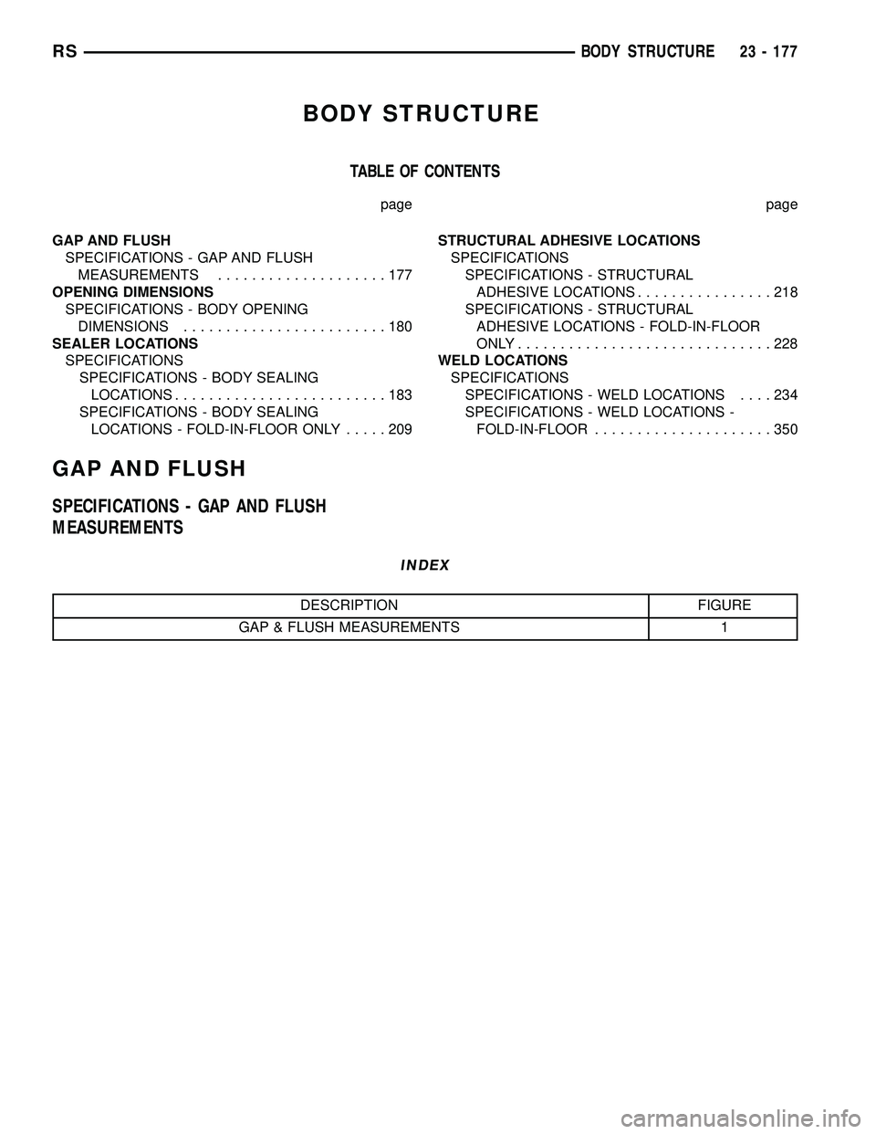 CHRYSLER CARAVAN 2005  Service Manual BODY STRUCTURE
TABLE OF CONTENTS
page page
GAP AND FLUSH
SPECIFICATIONS - GAP AND FLUSH
MEASUREMENTS....................177
OPENING DIMENSIONS
SPECIFICATIONS - BODY OPENING
DIMENSIONS.................