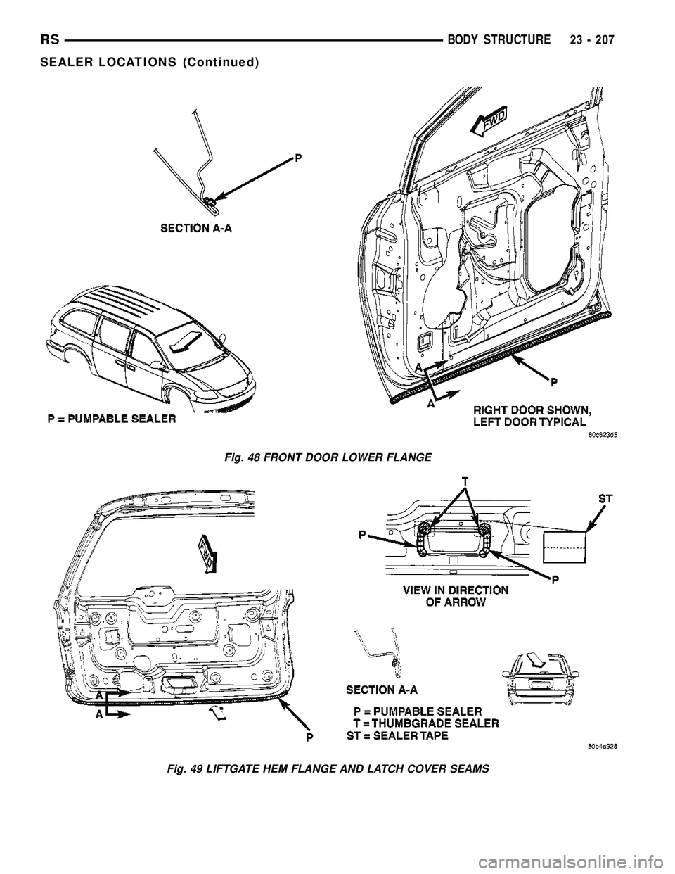 CHRYSLER CARAVAN 2005  Service Manual Fig. 48 FRONT DOOR LOWER FLANGE
Fig. 49 LIFTGATE HEM FLANGE AND LATCH COVER SEAMS
RSBODY STRUCTURE23 - 207
SEALER LOCATIONS (Continued) 