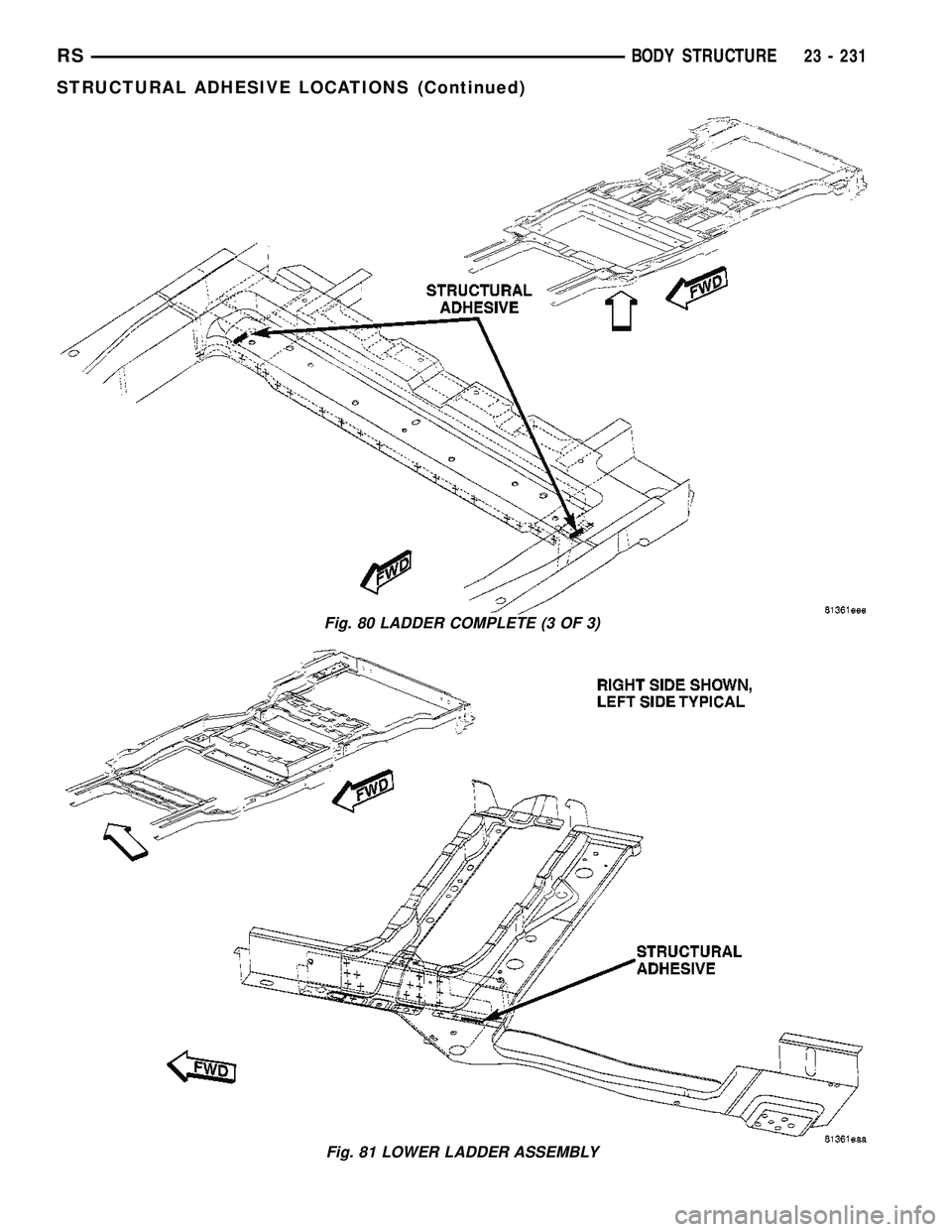 CHRYSLER CARAVAN 2005  Service Manual Fig. 80 LADDER COMPLETE (3 OF 3)
Fig. 81 LOWER LADDER ASSEMBLY
RSBODY STRUCTURE23 - 231
STRUCTURAL ADHESIVE LOCATIONS (Continued) 