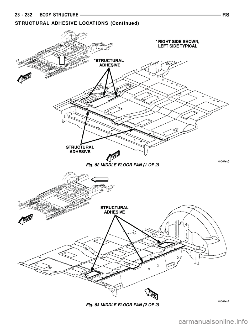 CHRYSLER CARAVAN 2005  Service Manual Fig. 82 MIDDLE FLOOR PAN (1 OF 2)
Fig. 83 MIDDLE FLOOR PAN (2 OF 2)
23 - 232 BODY STRUCTURERS
STRUCTURAL ADHESIVE LOCATIONS (Continued) 