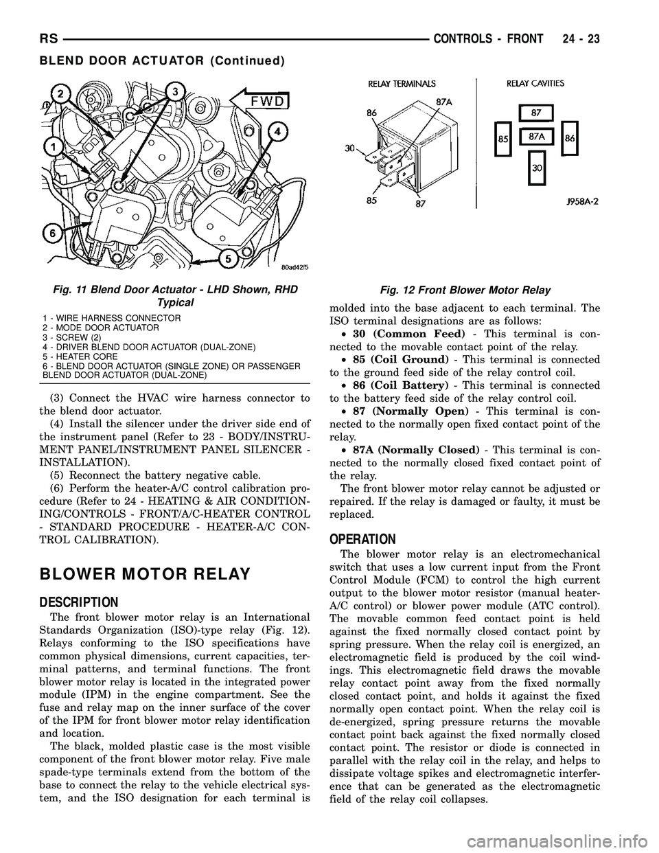 CHRYSLER CARAVAN 2005  Service Manual (3) Connect the HVAC wire harness connector to
the blend door actuator.
(4) Install the silencer under the driver side end of
the instrument panel (Refer to 23 - BODY/INSTRU-
MENT PANEL/INSTRUMENT PAN