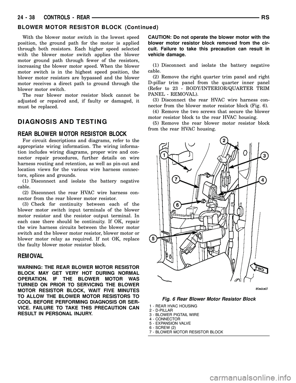 CHRYSLER CARAVAN 2005  Service Manual With the blower motor switch in the lowest speed
position, the ground path for the motor is applied
through both resistors. Each higher speed selected
with the blower motor switch applies the blower
m