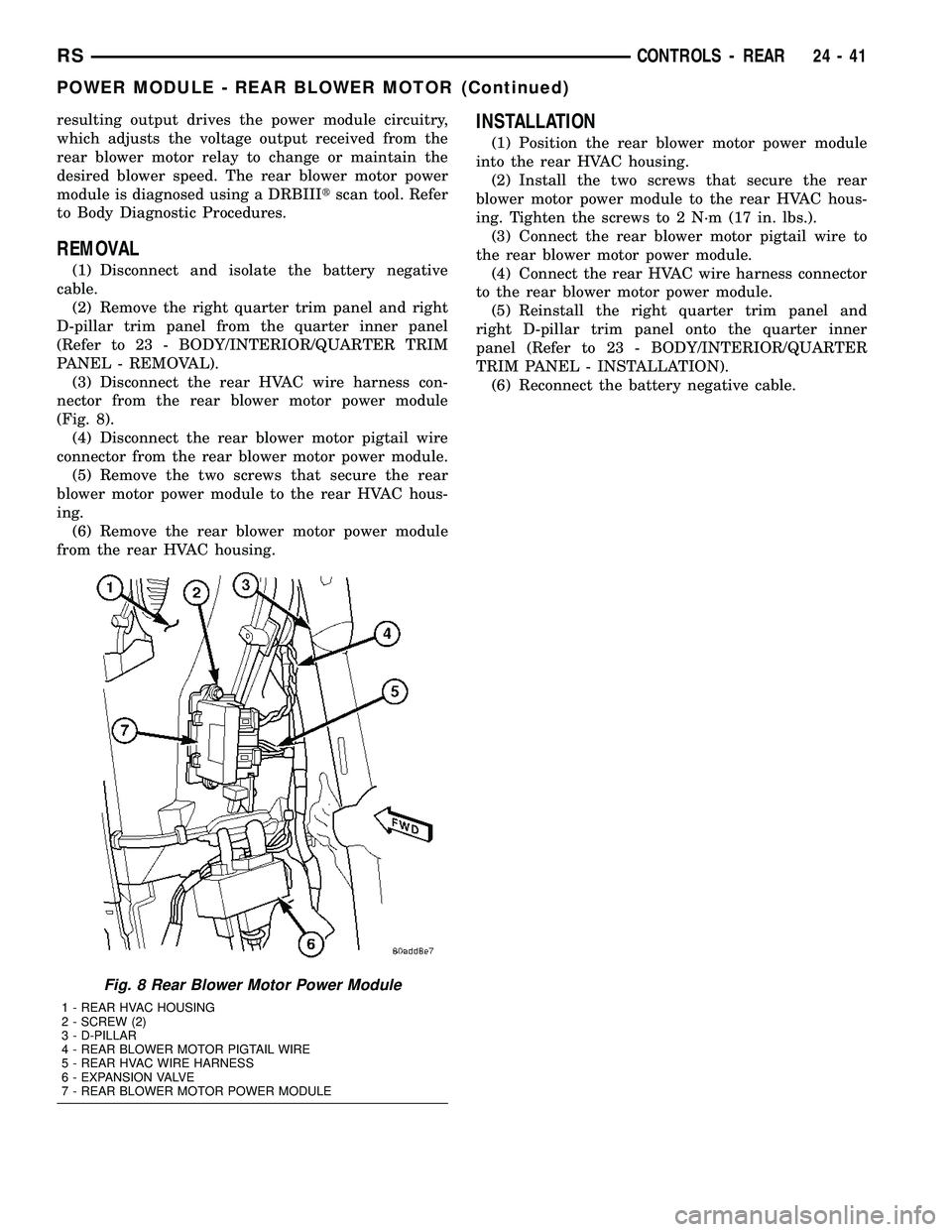 CHRYSLER CARAVAN 2005  Service Manual resulting output drives the power module circuitry,
which adjusts the voltage output received from the
rear blower motor relay to change or maintain the
desired blower speed. The rear blower motor pow