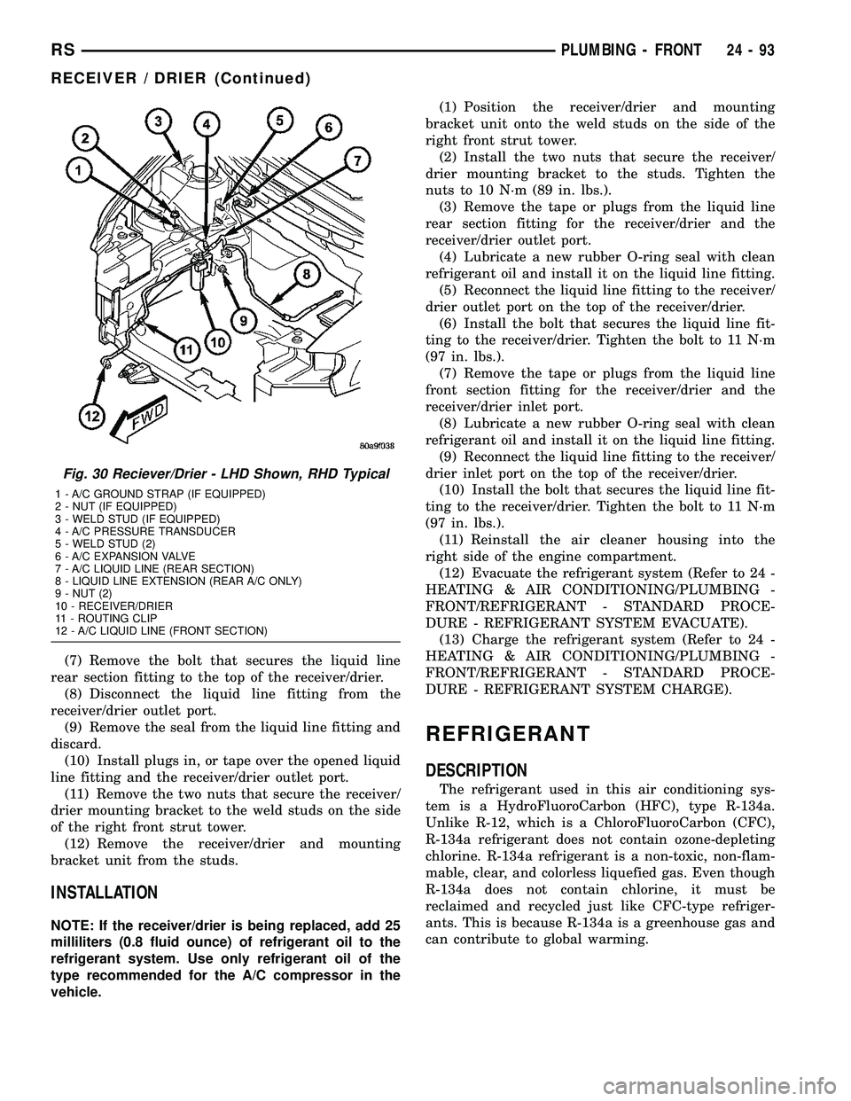 CHRYSLER CARAVAN 2005  Service Manual (7) Remove the bolt that secures the liquid line
rear section fitting to the top of the receiver/drier.
(8) Disconnect the liquid line fitting from the
receiver/drier outlet port.
(9) Remove the seal 