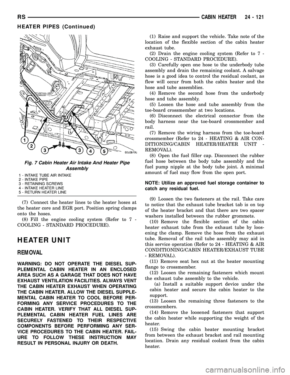 CHRYSLER CARAVAN 2005 Service Manual (7) Connect the heater lines to the heater hoses at
the heater core and EGR port. Position spring clamps
onto the hoses.
(8) Fill the engine cooling system (Refer to 7 -
COOLING - STANDARD PROCEDURE). CHRYSLER CARAVAN 2005 Service Manual (7) Connect the heater lines to the heater hoses at
the heater core and EGR port. Position spring clamps
onto the hoses.
(8) Fill the engine cooling system (Refer to 7 -
COOLING - STANDARD PROCEDURE).
