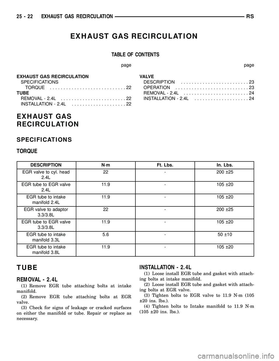 CHRYSLER CARAVAN 2005 Service Manual EXHAUST GAS RECIRCULATION
TABLE OF CONTENTS
page page
EXHAUST GAS RECIRCULATION
SPECIFICATIONS
TORQUE............................22
TUBE
REMOVAL - 2.4L........................22
INSTALLATION - 2.4L... CHRYSLER CARAVAN 2005 Service Manual EXHAUST GAS RECIRCULATION
TABLE OF CONTENTS
page page
EXHAUST GAS RECIRCULATION
SPECIFICATIONS
TORQUE............................22
TUBE
REMOVAL - 2.4L........................22
INSTALLATION - 2.4L...