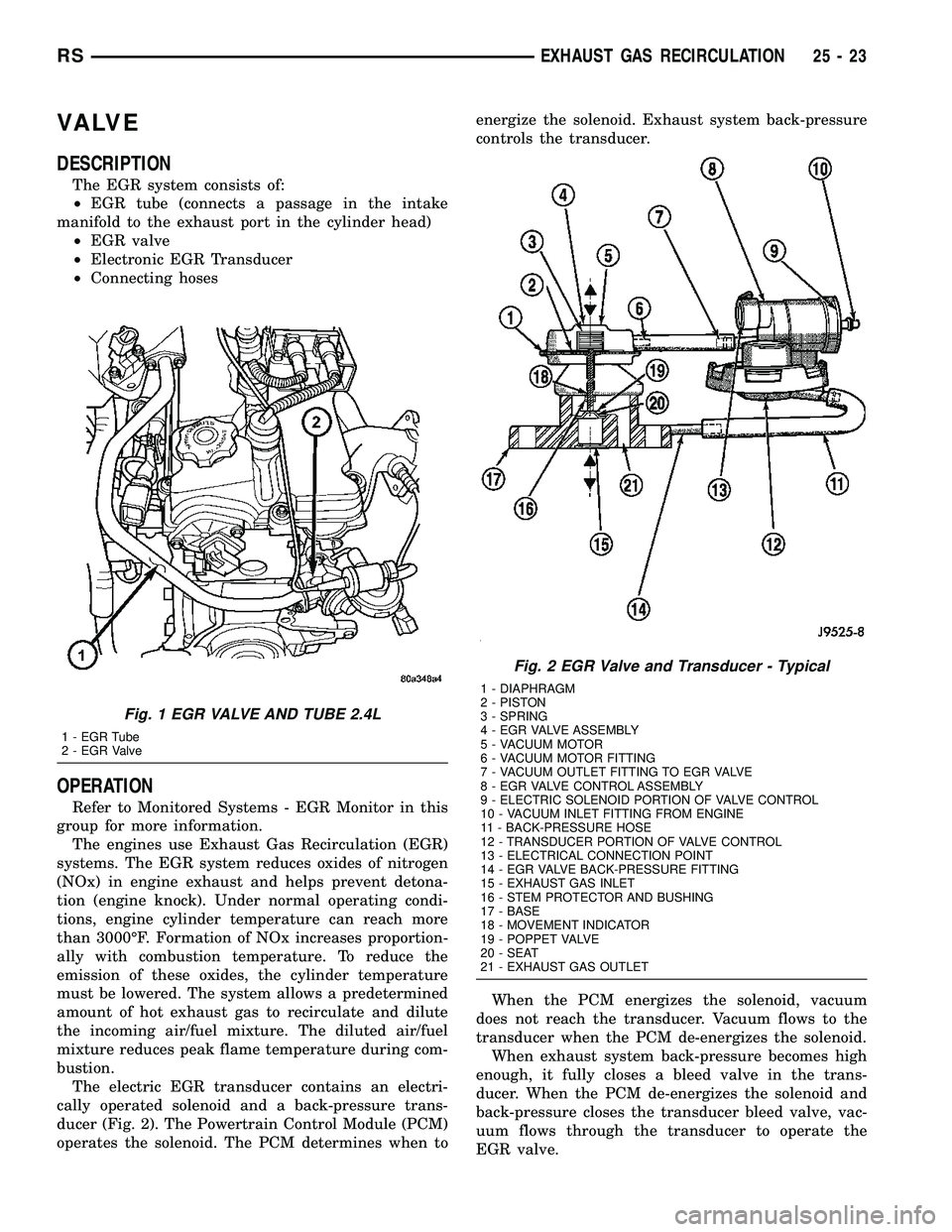 CHRYSLER CARAVAN 2005 Service Manual VA LV E
DESCRIPTION
The EGR system consists of:
²EGR tube (connects a passage in the intake
manifold to the exhaust port in the cylinder head)
²EGR valve
²Electronic EGR Transducer
²Connecting hos CHRYSLER CARAVAN 2005 Service Manual VA LV E
DESCRIPTION
The EGR system consists of:
²EGR tube (connects a passage in the intake
manifold to the exhaust port in the cylinder head)
²EGR valve
²Electronic EGR Transducer
²Connecting hos