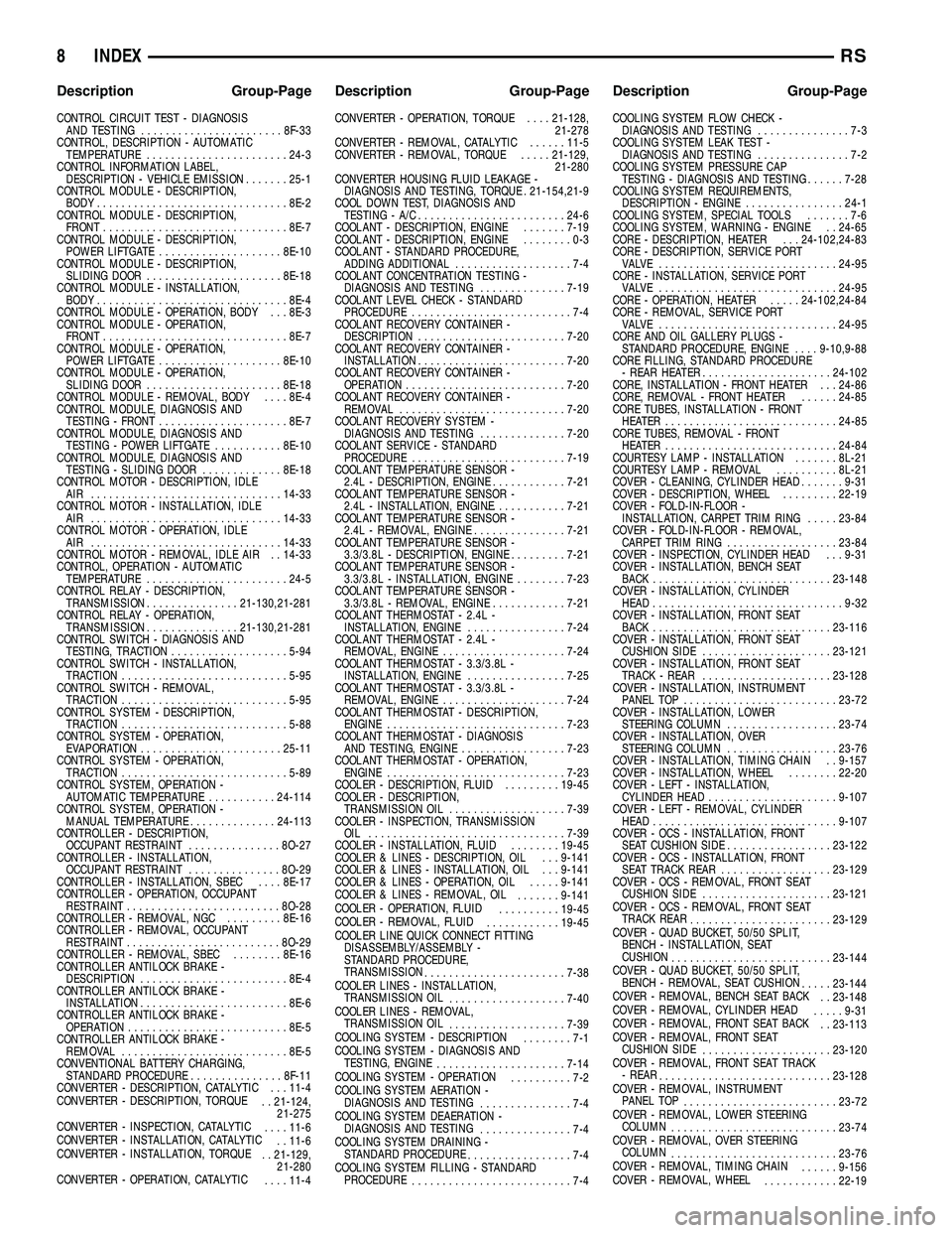 CHRYSLER CARAVAN 2005  Service Manual CONTROL CIRCUIT TEST - DIAGNOSISAND TESTING ....................... 8F-33
CONTROL, DESCRIPTION - AUTOMATIC TEMPERATURE ....................... 24-3
CONTROL INFORMATION LABEL, DESCRIPTION - VEHICLE EMI