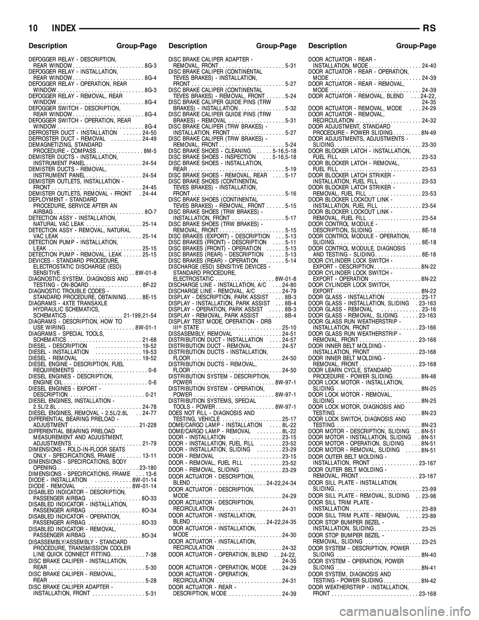 CHRYSLER CARAVAN 2005  Service Manual DEFOGGER RELAY - DESCRIPTION,REAR WINDOW ....................... 8G-3
DEFOGGER RELAY - INSTALLATION, REAR WINDOW ....................... 8G-4
DEFOGGER RELAY - OPERATION, REAR WINDOW ..................