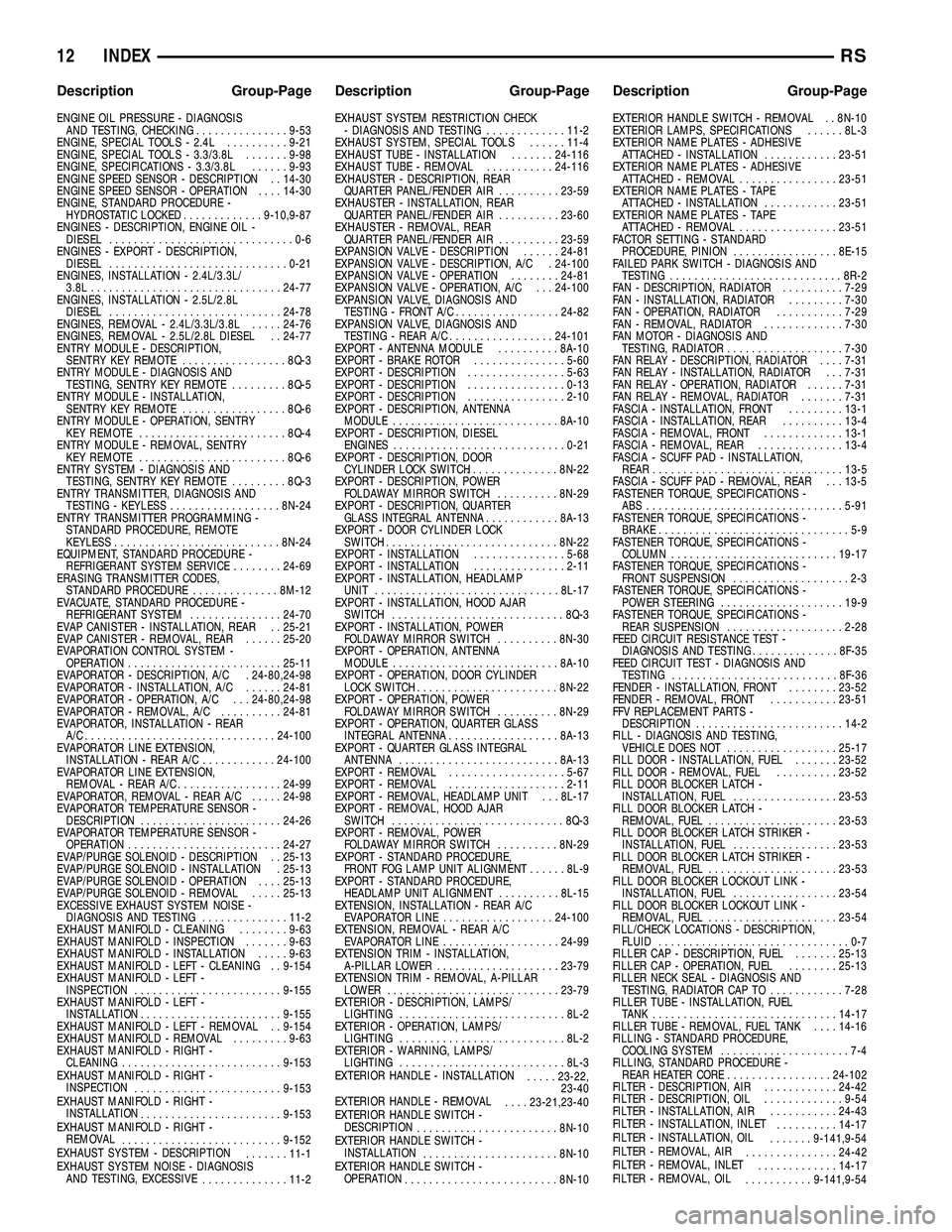 CHRYSLER CARAVAN 2005  Service Manual ENGINE OIL PRESSURE - DIAGNOSISAND TESTING, CHECKING ...............9-53
ENGINE, SPECIAL TOOLS - 2.4L ..........9-21
ENGINE, SPECIAL TOOLS - 3.3/3.8L .......9-98
ENGINE, SPECIFICATIONS - 3.3/3.8L ....