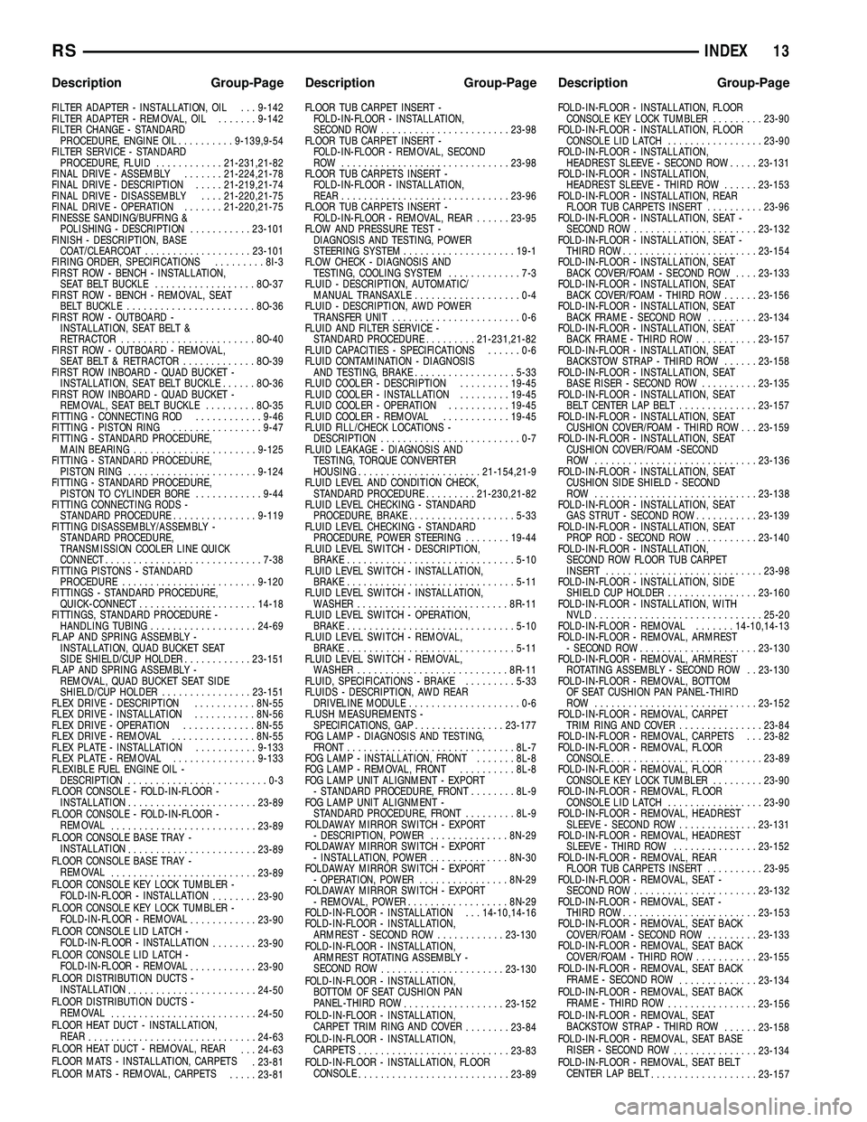 CHRYSLER CARAVAN 2005  Service Manual FILTER ADAPTER - INSTALLATION, OIL . . . 9-142
FILTER ADAPTER - REMOVAL, OIL.......9-142
FILTER CHANGE - STANDARD PROCEDURE, ENGINE OIL ..........9-139,9-54
FILTER SERVICE - STANDARD PROCEDURE, FLUID 
