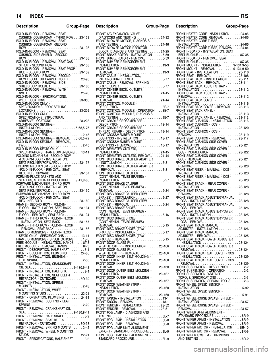 CHRYSLER CARAVAN 2005  Service Manual FOLD-IN-FLOOR - REMOVAL, SEATCUSHION COVER/FOAM - THIRD ROW . . . 23-159
FOLD-IN-FLOOR - REMOVAL, SEAT CUSHION COVER/FOAM -SECOND
ROW ............................. 23-136
FOLD-IN-FLOOR - REMOVAL, SEAT