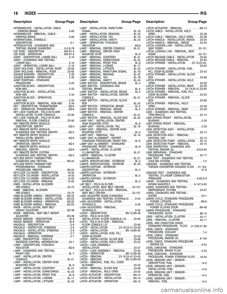 CHRYSLER CARAVAN 2005  Service Manual INTERMEDIATE - INSTALLATION, CABLE- PARKING BRAKE ..................... 5-69
INTERMEDIATE - REMOVAL, CABLE - PARKING BRAKE ...................... 5-69
INTERNATIONAL SYMBOLS - DESCRIPTION .............