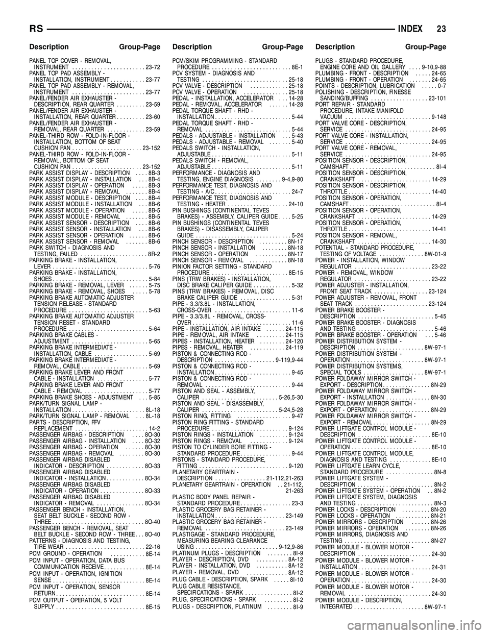 CHRYSLER CARAVAN 2005 Service Manual PANEL TOP COVER - REMOVAL,INSTRUMENT ....................... 23-72
PANEL TOP PAD ASSEMBLY - INSTALLATION, INSTRUMENT ...........23-77
PANEL TOP PAD ASSEMBLY - REMOVAL, INSTRUMENT ..................... CHRYSLER CARAVAN 2005 Service Manual PANEL TOP COVER - REMOVAL,INSTRUMENT ....................... 23-72
PANEL TOP PAD ASSEMBLY - INSTALLATION, INSTRUMENT ...........23-77
PANEL TOP PAD ASSEMBLY - REMOVAL, INSTRUMENT .....................