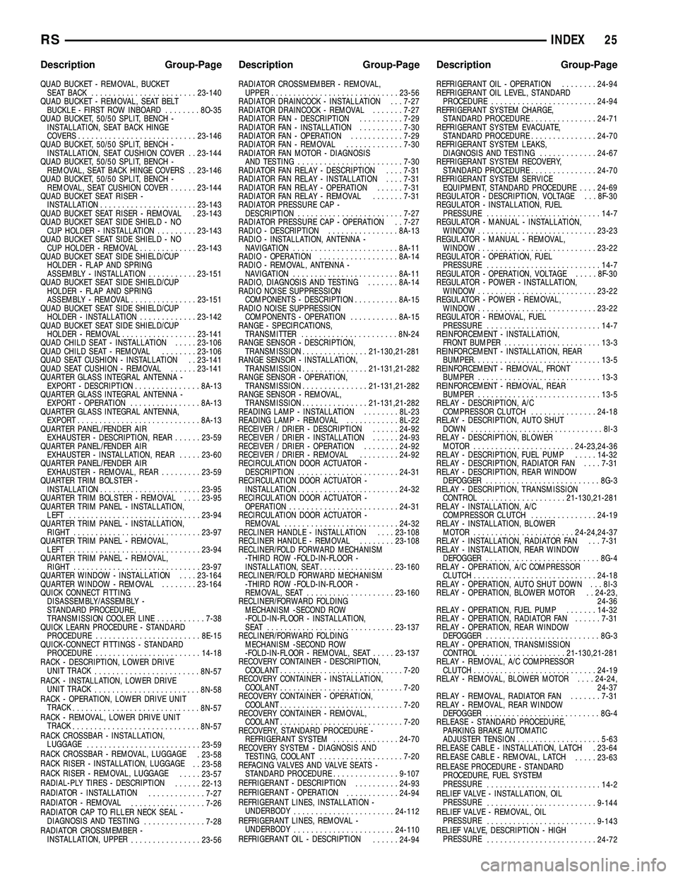 CHRYSLER CARAVAN 2005 Service Manual QUAD BUCKET - REMOVAL, BUCKETSEAT BACK ........................ 23-140
QUAD BUCKET - REMOVAL, SEAT BELT BUCKLE - FIRST ROW INBOARD ........8O-35
QUAD BUCKET, 50/50 SPLIT, BENCH - INSTALLATION, SEAT BA CHRYSLER CARAVAN 2005 Service Manual QUAD BUCKET - REMOVAL, BUCKETSEAT BACK ........................ 23-140
QUAD BUCKET - REMOVAL, SEAT BELT BUCKLE - FIRST ROW INBOARD ........8O-35
QUAD BUCKET, 50/50 SPLIT, BENCH - INSTALLATION, SEAT BA